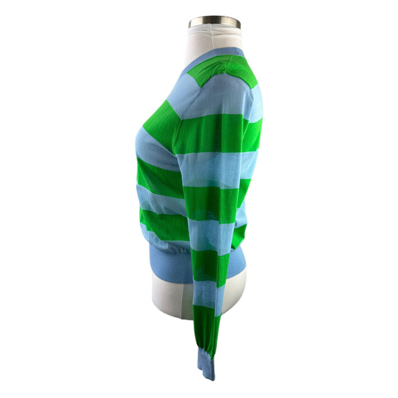 Diane Von Furstenberg Blue & Green Striped Top LS Mesh Sheer Stretch Medium - Picture 6 of 13